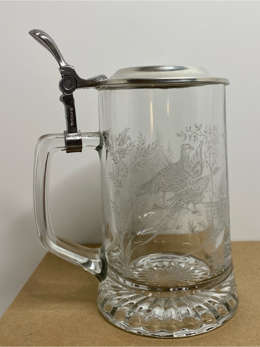 Vintage W.German ALWE Hunting Scene Beer Stein Glass Pewter Lid Etched Pheasants
